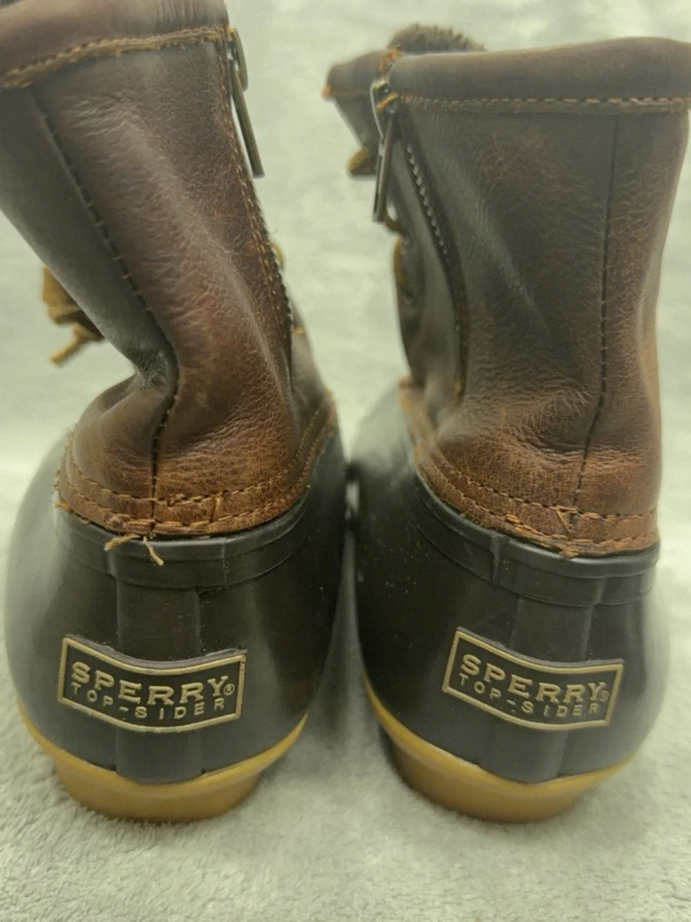 Sperry Saltwater Boots Women 7 Black Brown Leather Rubber Sole Lined Boating